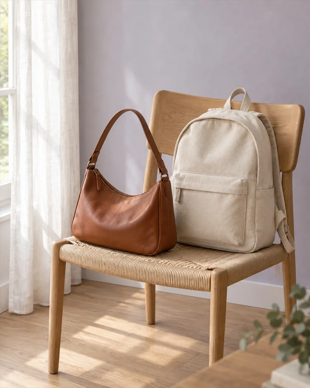 Bolsa de couro e mochila de lona clara sobre uma cadeira de palha.